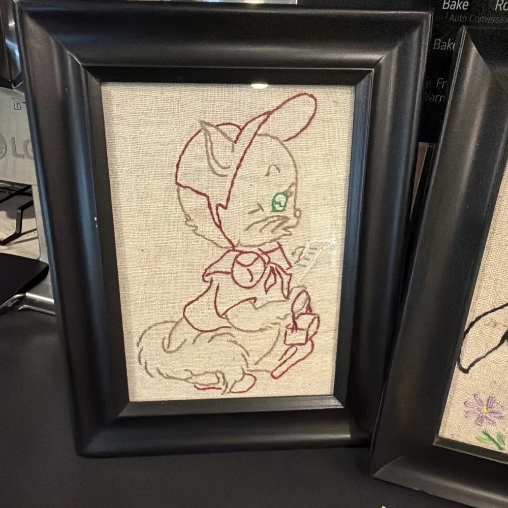Set‎ Of 4 Vtg Framed Handmade Embroidered Animal Pics Cat Dog Nursery 9